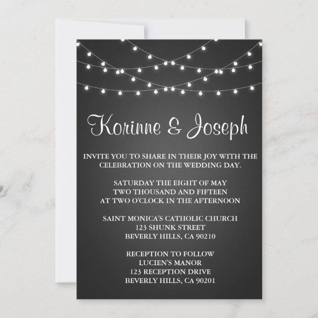 Convite De Casamento Preto, Chalkboard, String Lig (Frente)