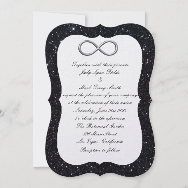 Convite de Casamento Preto com Brilho Prata Infini (Frente)