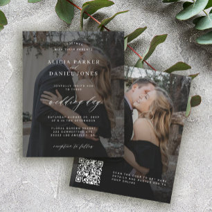 Convite de casamento preto com código QR econômico