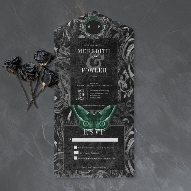 Convite de Casamento Preto com Filigrana Verde em  (Gothic Black Green Filigree Moth No Dinner Wedding All In One Invitation)