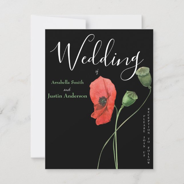 Convite de Casamento Preto com Papoulas em Aquarel (Frente)