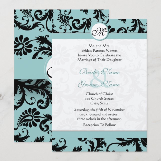 Convite de Casamento Preto Damask Aqua Pool Azul (Frente/Verso)