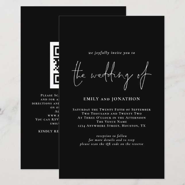 Convite de casamento Preto de Código QR de Script  (Frente/Verso)