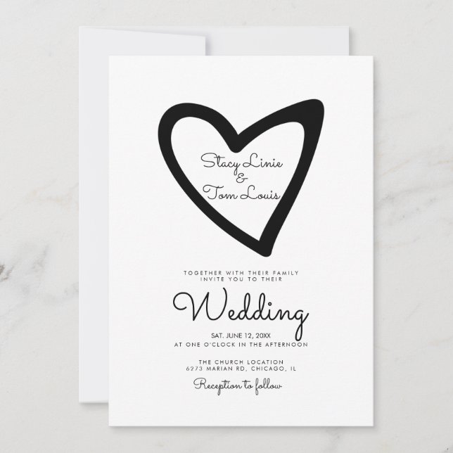 Convite de Casamento Preto Desenhado com Coração O (Frente)