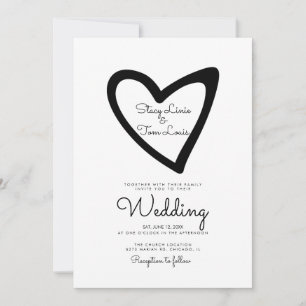 Convite de Casamento Preto Desenhado com Coração O