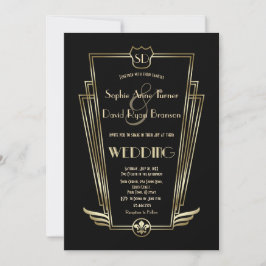 Convite de casamento preto do Deco de Arte Dourada