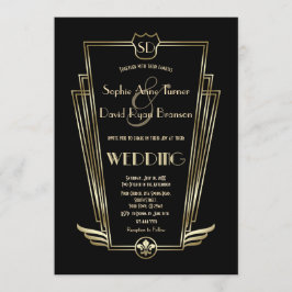 Convite de casamento preto do Deco de Arte Dourada
