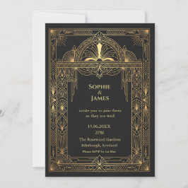 Convite de Casamento Preto Dourado Art Déco | Eleg