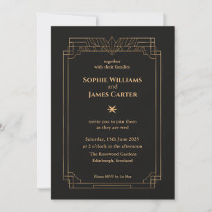 Convite de Casamento Preto Dourado Art Deco Eleg