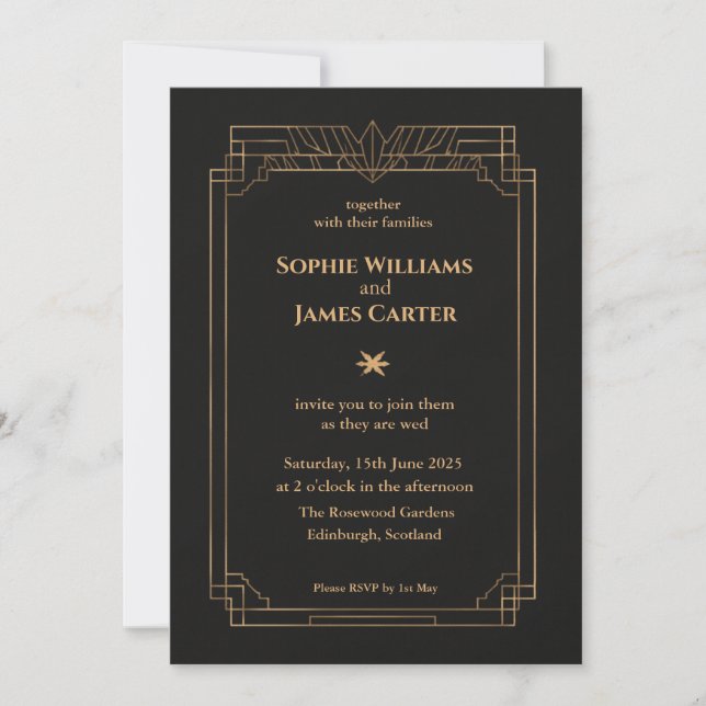 Convite de Casamento Preto Dourado Art Deco | Eleg (Frente)