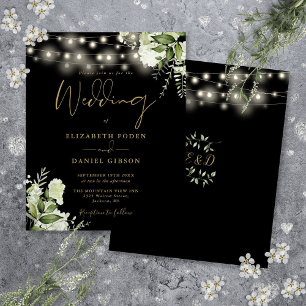 Convite de Casamento Preto Dourado Luzes Florais E