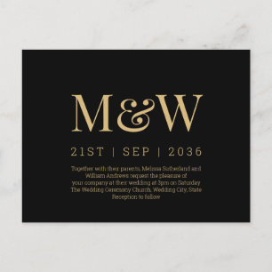 Convite de Casamento Preto Dourado Monograma Moder