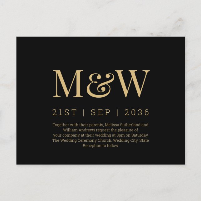 Convite de Casamento Preto Dourado Monograma Moder (Frente)
