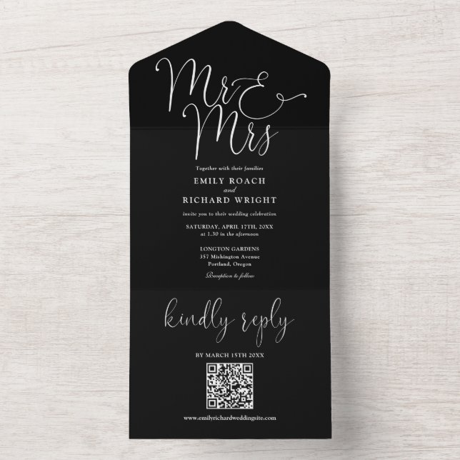 Convite de Casamento Preto e Branco Código QR Sr e (Interno)