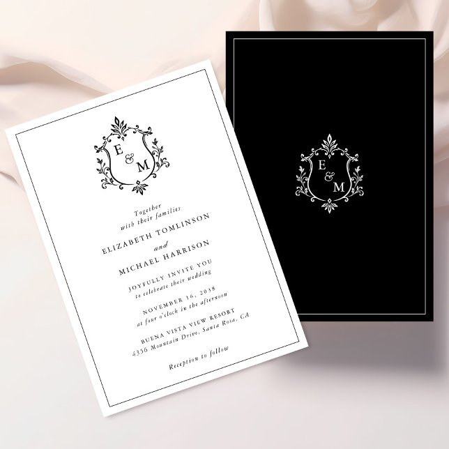 Convite de Casamento Preto e Branco com Monograma  (Elegant Crest Monogram Black And White Wedding Invitation)