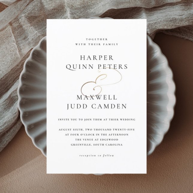 Convite de Casamento Preto e Branco Elegante e Eco (Elegant typography gold script black and white wedding invitations.)