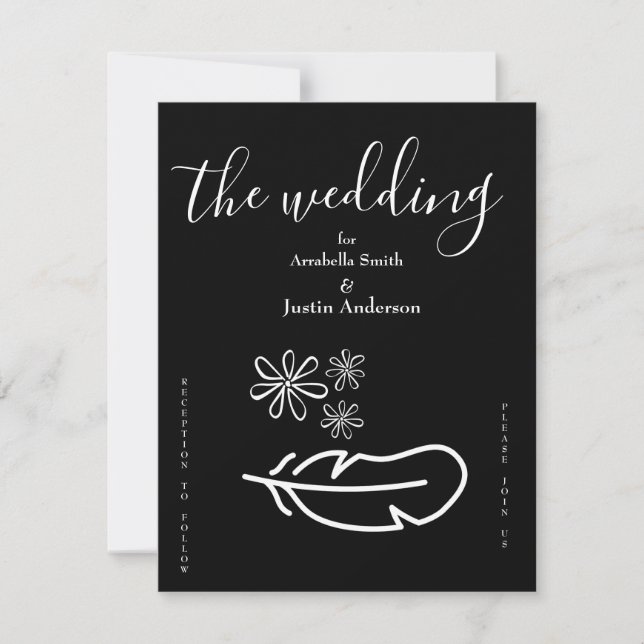 Convite de Casamento Preto e Branco Floral com Pen (Frente)