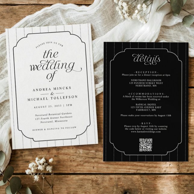 Convite de Casamento Preto e Branco Listrado Prepp (Elegant stripes wedding invitation with scalloped frame, calligraphy, and wedding website QR code.)