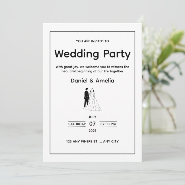 Convite de Casamento Preto e Branco Minimalista (Em pé/Frente)