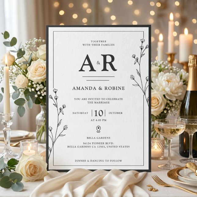 Convite de Casamento Preto e Branco Minimalista (Criador carregado)