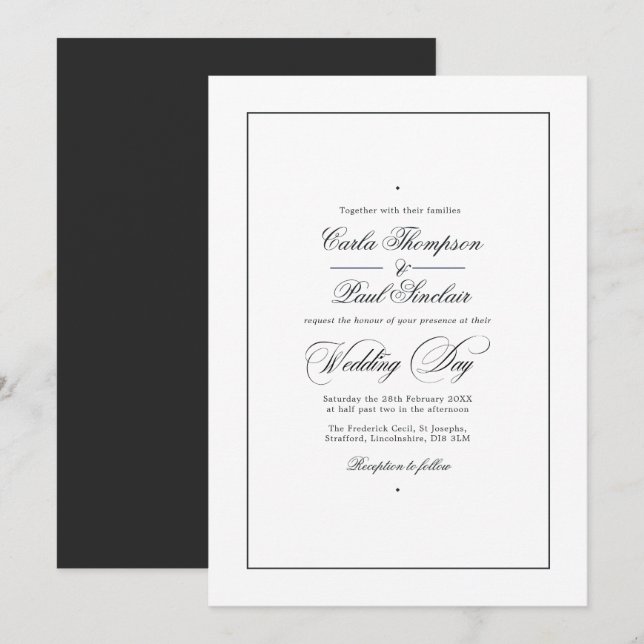 Convite de Casamento Preto e Branco Simplista (Frente/Verso)
