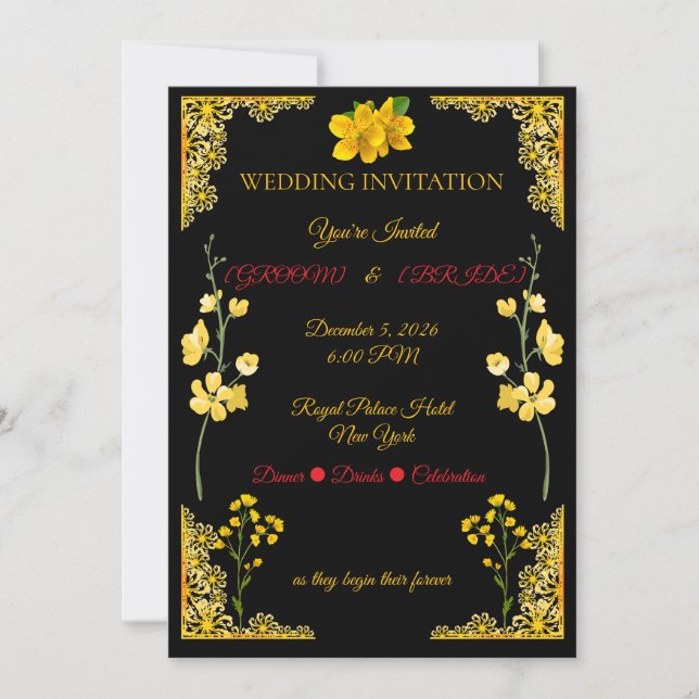 Convite de Casamento Preto e Dourado (Frente)