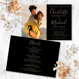 Convite de Casamento Preto e Dourado com Foto Tudo