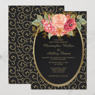 Convite de Casamento Preto e Dourado com Rosas Ele