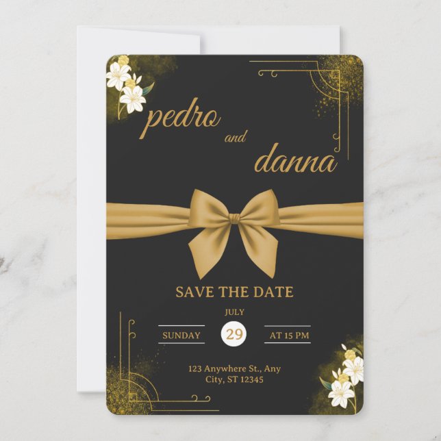 Convite de Casamento Preto e Dourado Elegante (Frente)