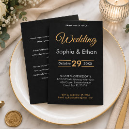 Convite de Casamento Preto e Dourado Elegante