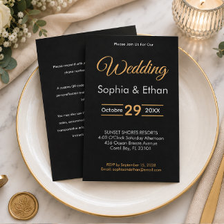 Convite de Casamento Preto e Dourado Elegante