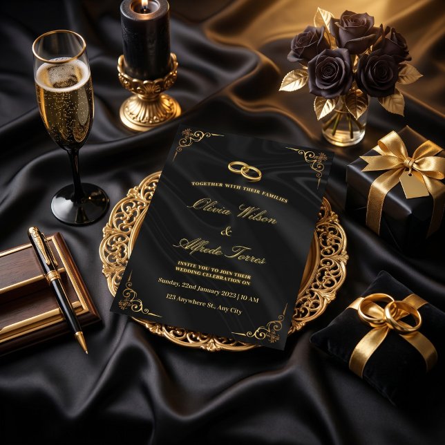Convite de Casamento Preto e Dourado Elegante (Criador carregado)