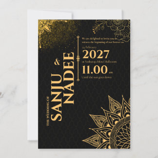 Convite de Casamento Preto e Dourado Elegante