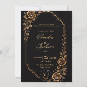Convite de Casamento Preto e Dourado Elegante