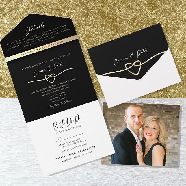 Convite de Casamento Preto e Dourado Elegante Tudo (Criador carregado)