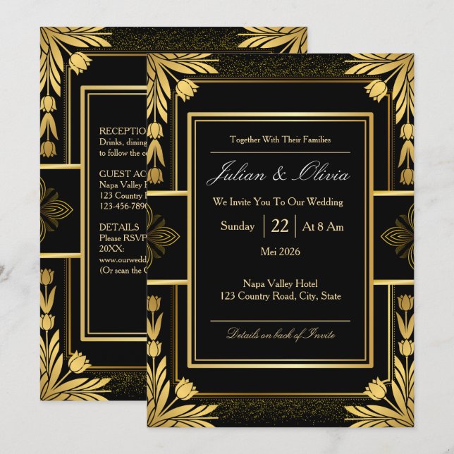 Convite de Casamento Preto e Dourado Gótico (Frente/Verso)