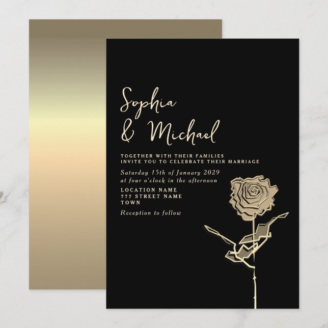Convite de Casamento Preto e Dourado Gótico (Frente/Verso)