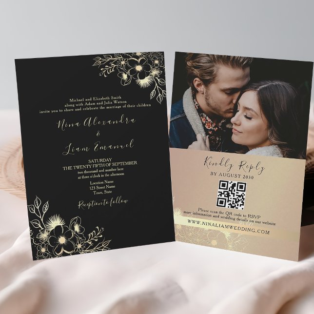Convite de Casamento Preto e Dourado Tudo em Um (Criador carregado)