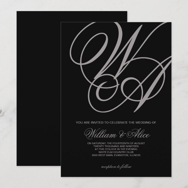 convite de casamento preto elegante (Frente/Verso)