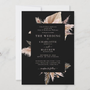 Convite de Casamento Preto Elegante Boho Pampas