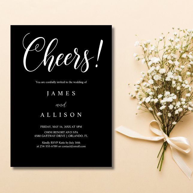 Convite de Casamento Preto Elegante Cheers Script (Criador carregado)