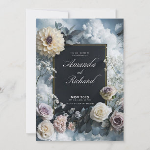 Convite de Casamento Preto Elegante Com Borda Flor