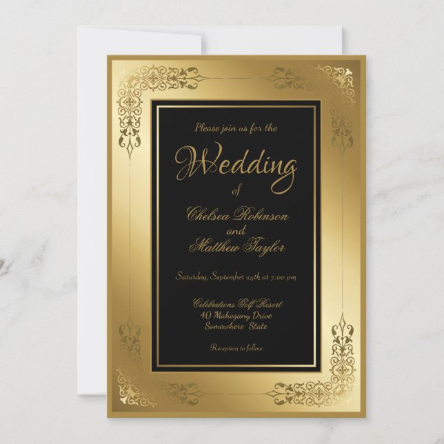 Convite de Casamento Preto Elegante com Quadro Dou (Frente)