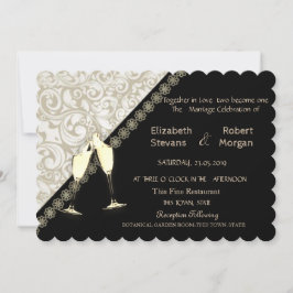 Convite de Casamento Preto Elegante, Damask