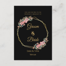 Convite de Casamento Preto Floral Rosa Romântico