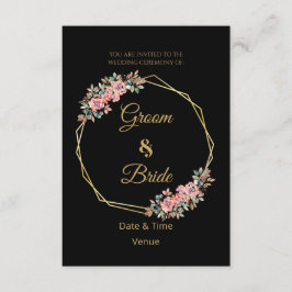 Convite de Casamento Preto Floral Rosa Romântico