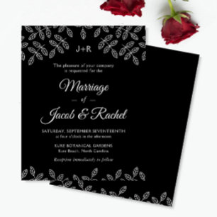 Convite de Casamento Preto Folhas de Jardim Elegan