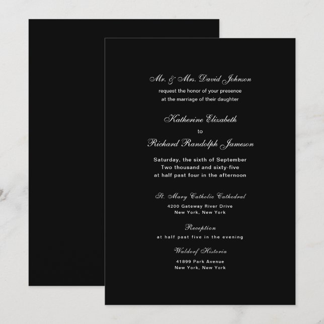 Convite de Casamento Preto Formal Elegante (Frente/Verso)