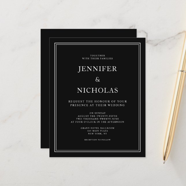 Convite de Casamento Preto Formal Elegante e Econô (Frente/Verso In Situ)