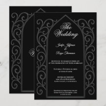 Convite de casamento preto gótico com borda orname
